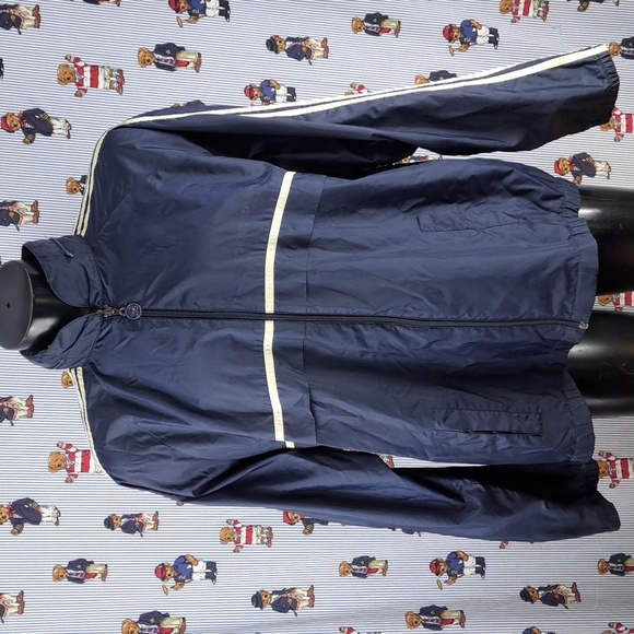 Vintage Adidas 3 stripe sleeve hooded navy & white XL windbreaker jacket - Picture 2 of 9
